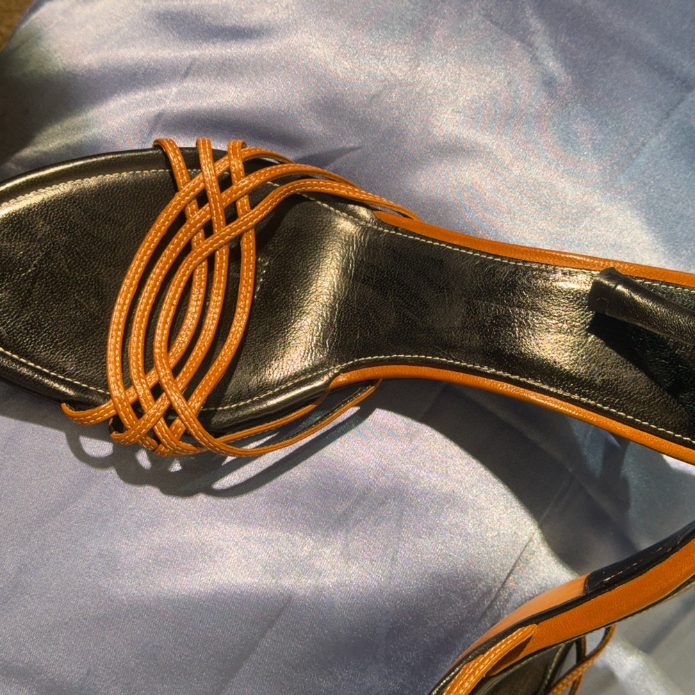 ColeHann Strappy Tan Sandal Mule Heels with Bow Accent at Heel.